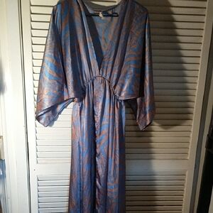 Tyche long lounge dress pull on blue gold V neck & waist sz LG